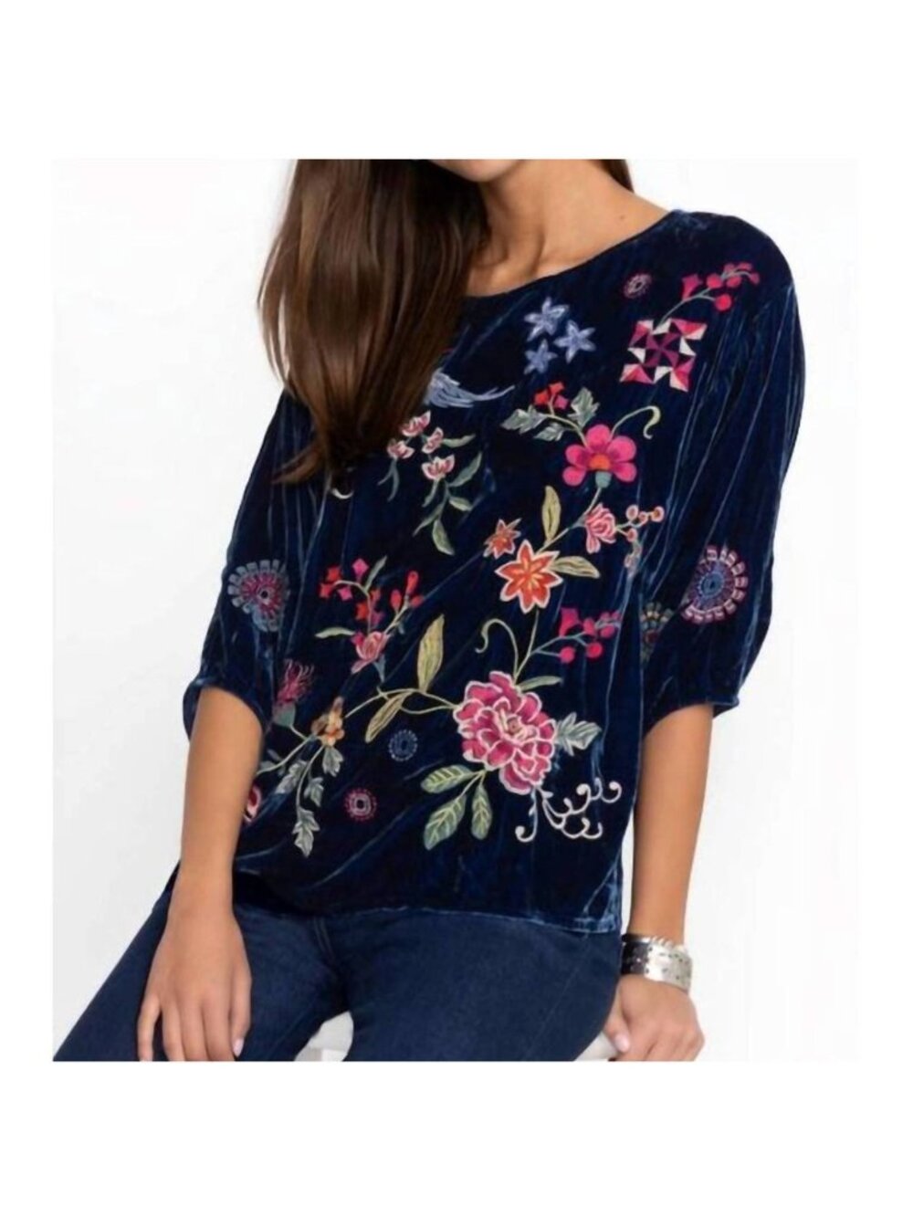 NWT Johnny Was Nikkola Floral Embroidered Velvet Boatneck Blouse Top S